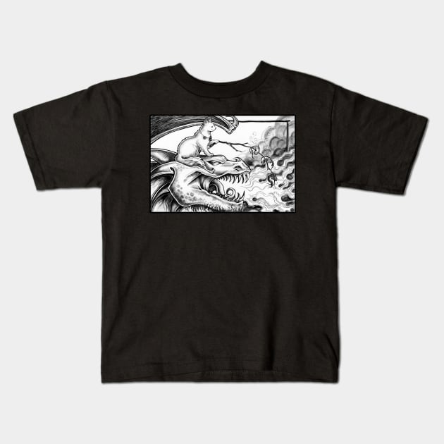Cat with Pet Dragon Roasting Fish Kids T-Shirt by Nat Ewert Art